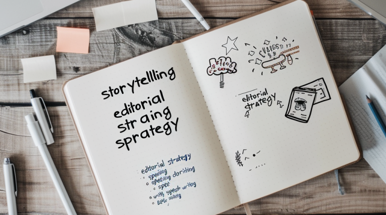 Carnet ouvert avec des notes sur le storytelling et des illustrations graphiques.