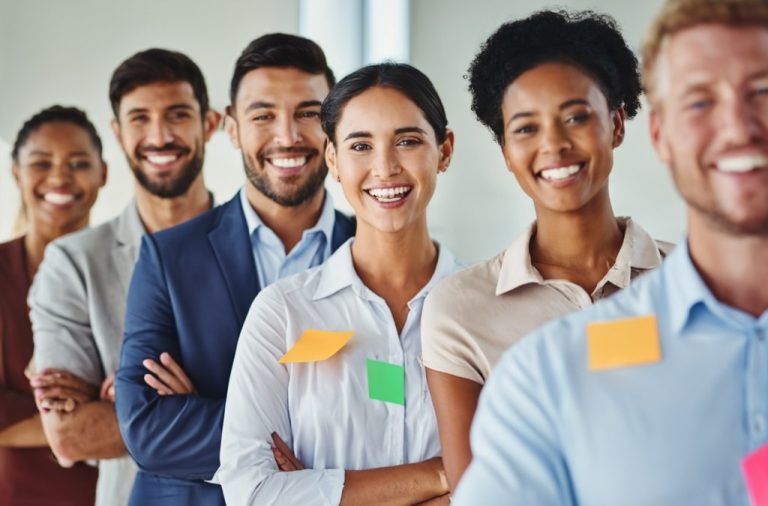 Groupe diversifié de personnes souriantes, portant des post-it colorés sur leurs vêtements.